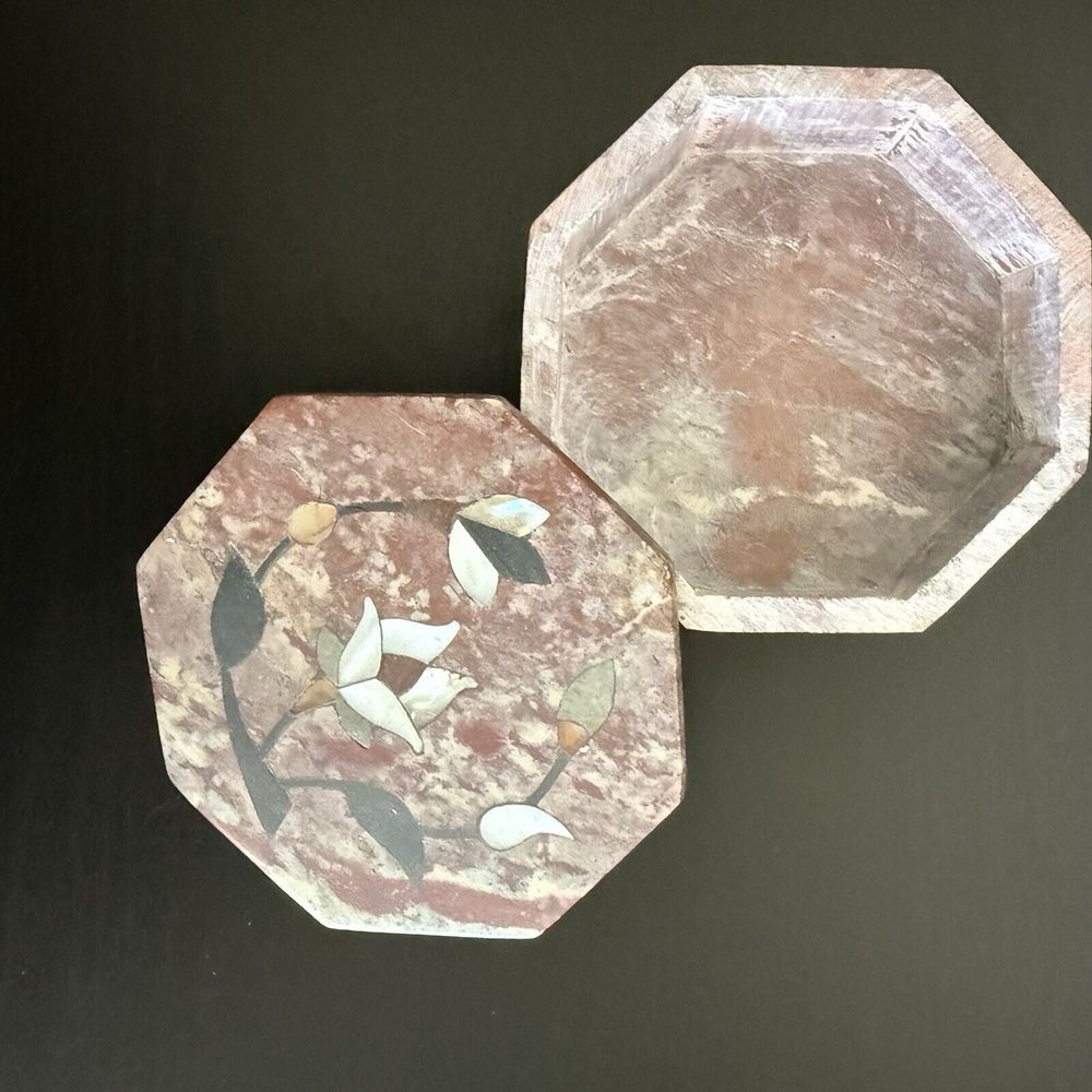 Soapstone Trinket box mother of pearl inlay Flowers Soni International India